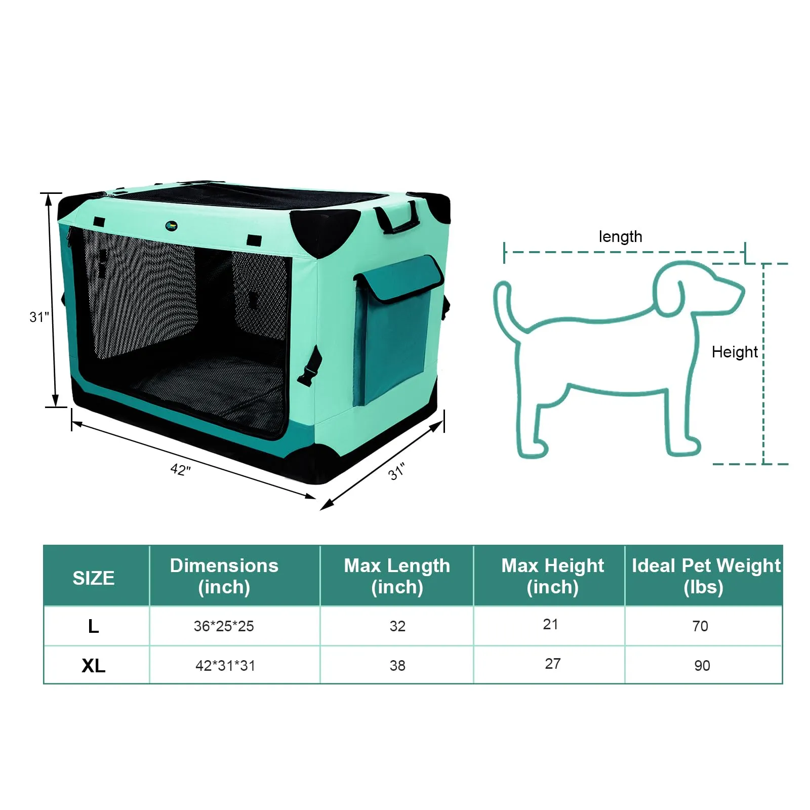 Collapsible Dog Crate, 42 inch Portable Travel Dog Crate for Large Dogs, 4-Door Foldable Pet Kennel with Durable Mesh