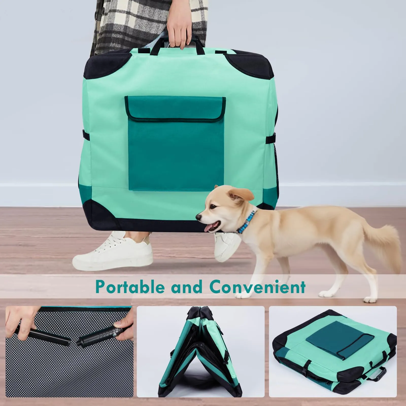 Collapsible Dog Crate, 42 inch Portable Travel Dog Crate for Large Dogs, 4-Door Foldable Pet Kennel with Durable Mesh