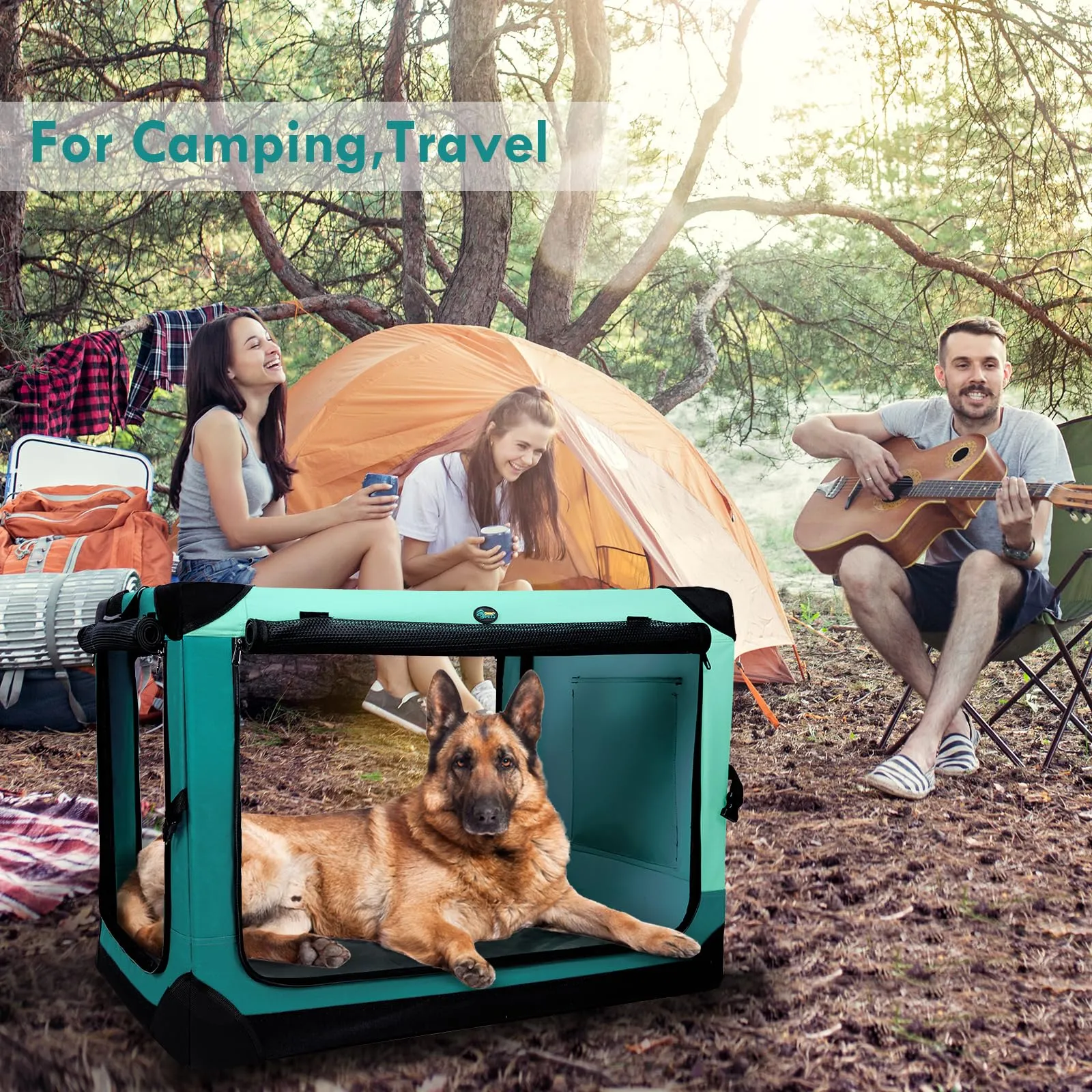 Collapsible Dog Crate, 42 inch Portable Travel Dog Crate for Large Dogs, 4-Door Foldable Pet Kennel with Durable Mesh