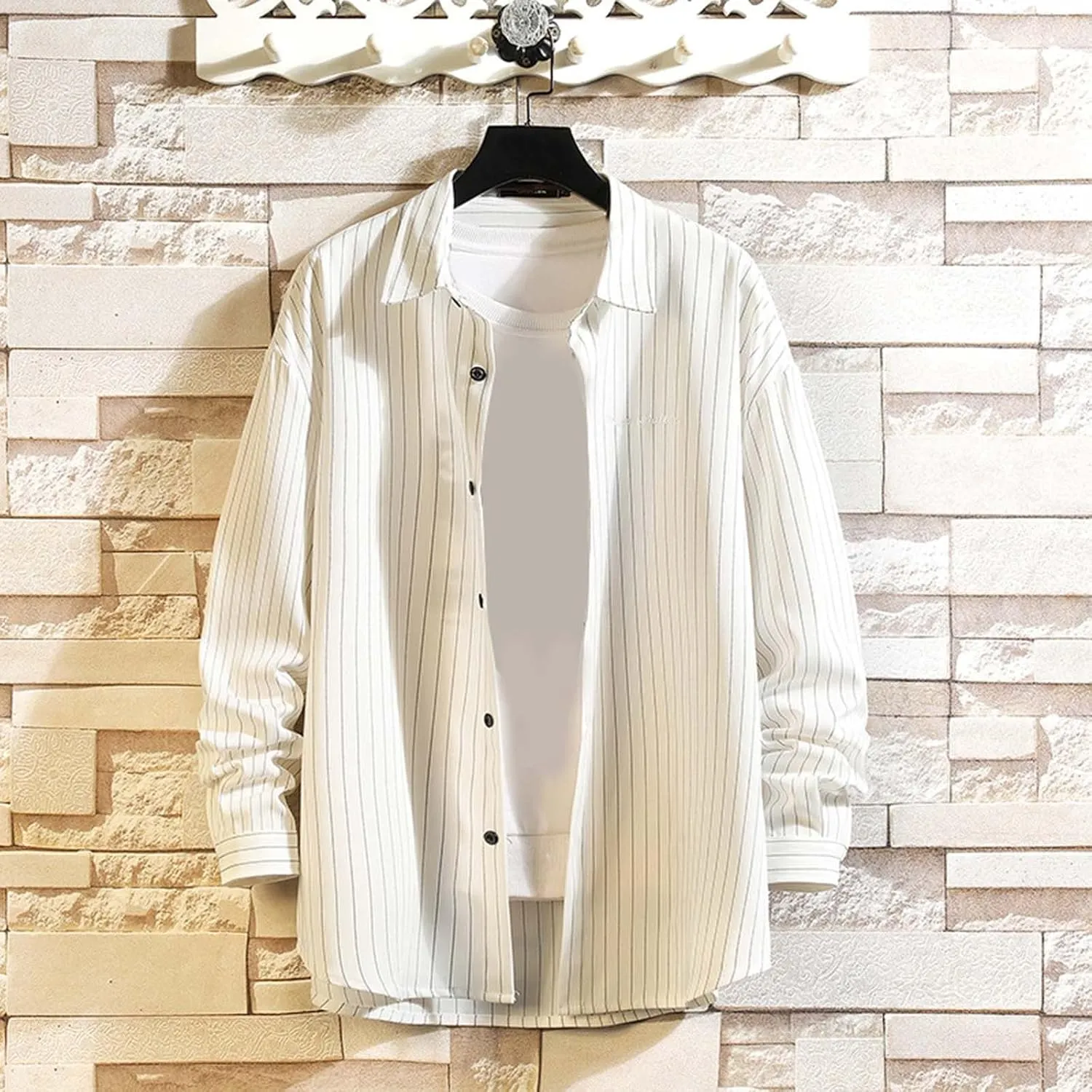 Colo Undershirts for Men Mens Fashion Business Leisure Large Stripe Long Sleeve X Shirt