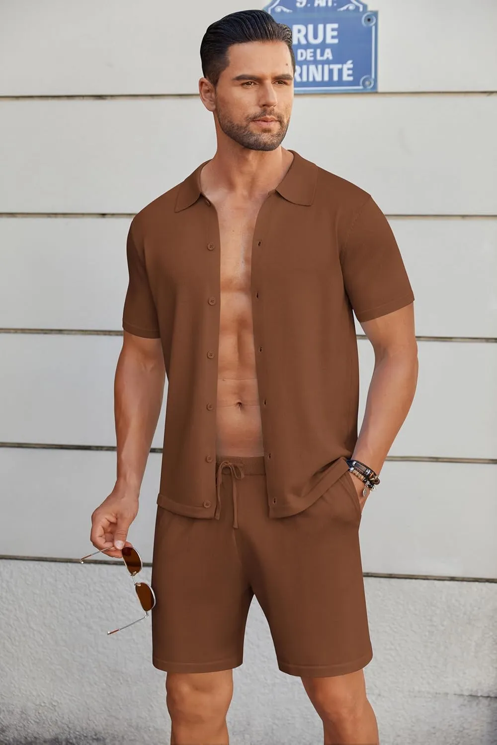 COOFANDY Men's 2 Piece Outfits Sets Casual Short Sleeve Button Down Knit Shirt and Shorts Sets Summer Beach Outfits