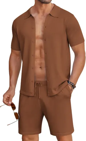 COOFANDY Men's 2 Piece Outfits Sets Casual Short Sleeve Button Down Knit Shirt and Shorts Sets Summer Beach Outfits