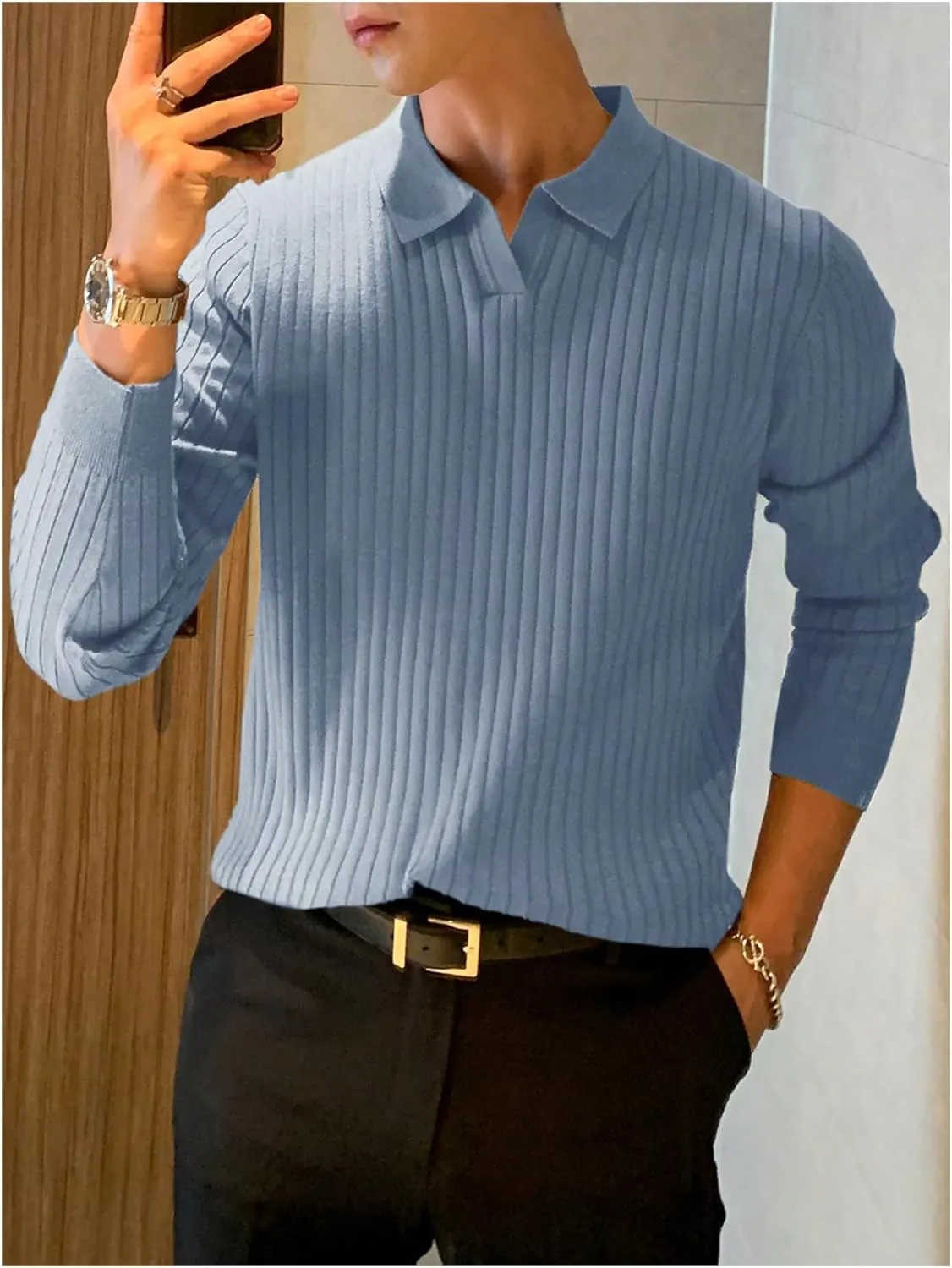 COZYEASE Men's Solid Ribbed Knit Sweater Casual Long Sleeve Shirt Pullover Tops