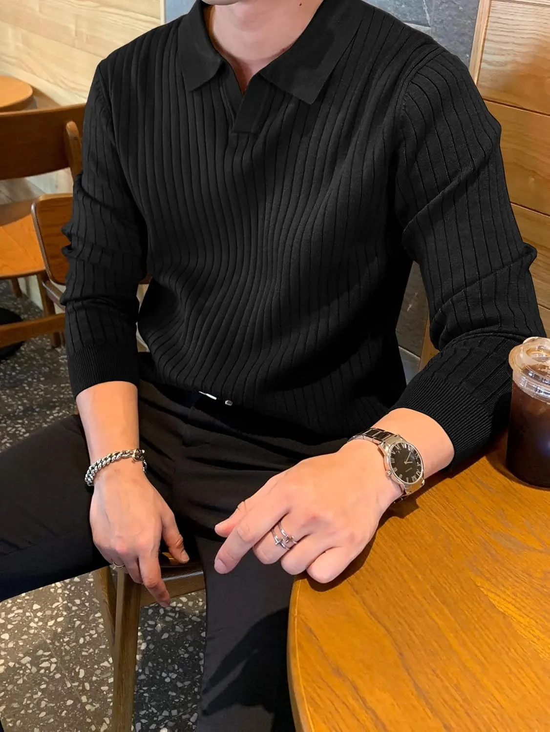COZYEASE Men's Solid Ribbed Knit Sweater Casual Long Sleeve Shirt Pullover Tops
