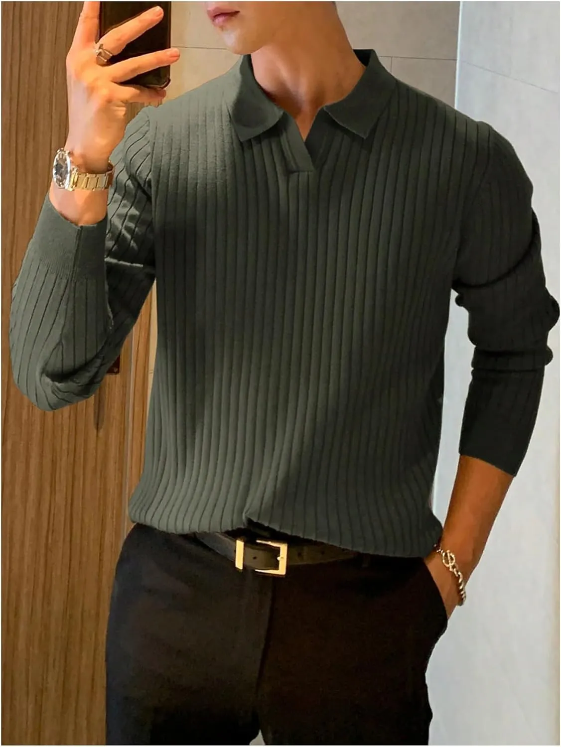 COZYEASE Men's Solid Ribbed Knit Sweater Casual Long Sleeve Shirt Pullover Tops