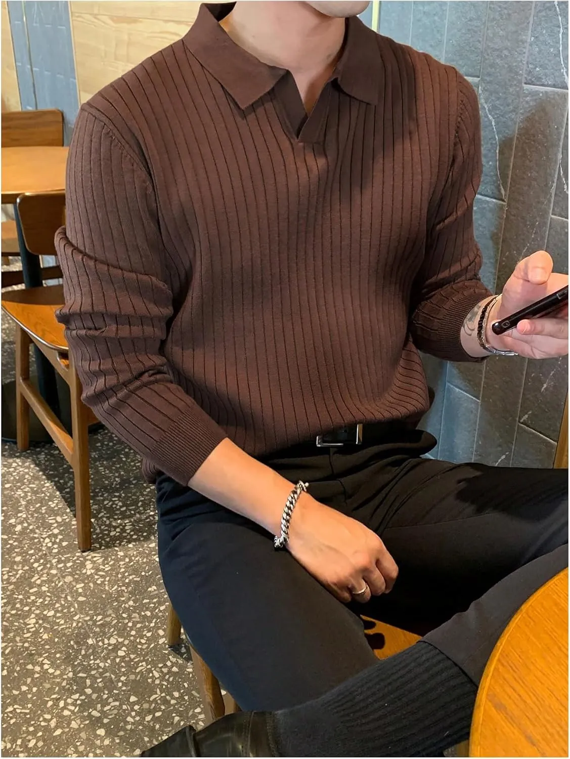 COZYEASE Men's Solid Ribbed Knit Sweater Casual Long Sleeve Shirt Pullover Tops