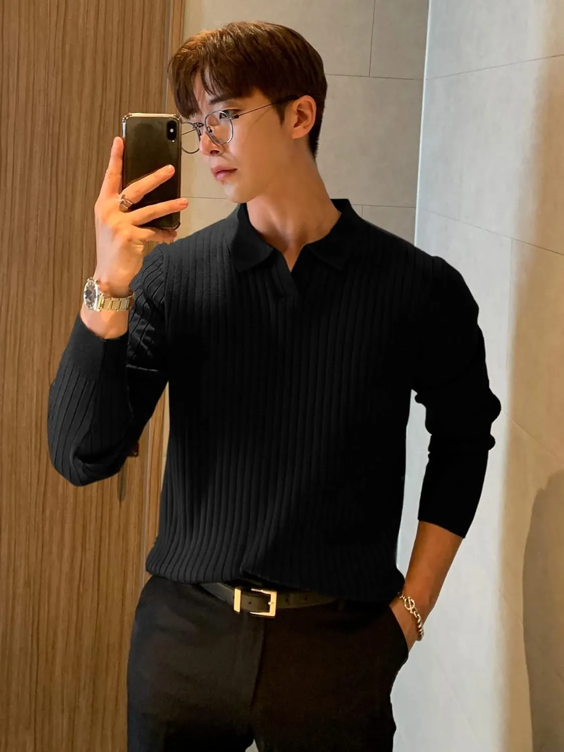 COZYEASE Men's Solid Ribbed Knit Sweater Casual Long Sleeve Shirt Pullover Tops