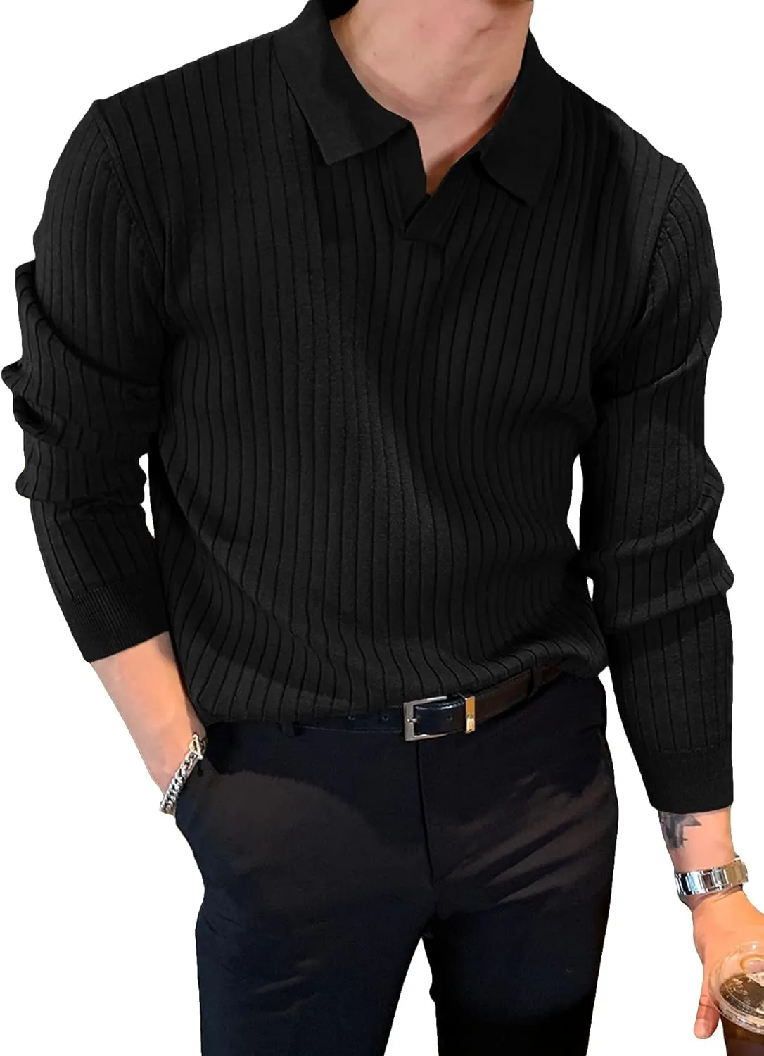 COZYEASE Men's Solid Ribbed Knit Sweater Casual Long Sleeve Shirt Pullover Tops