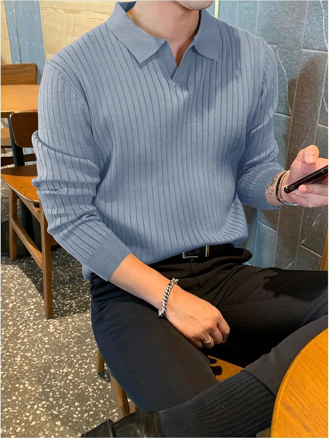 COZYEASE Men's Solid Ribbed Knit Sweater Casual Long Sleeve Shirt Pullover Tops