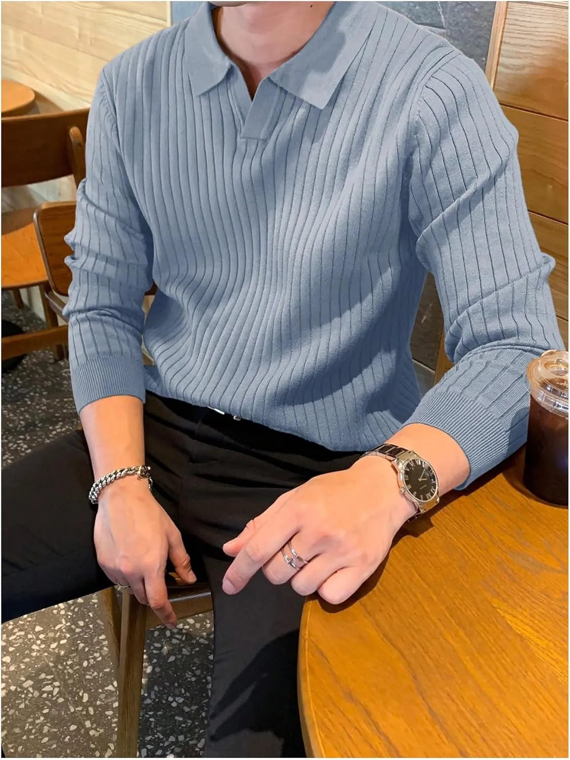 COZYEASE Men's Solid Ribbed Knit Sweater Casual Long Sleeve Shirt Pullover Tops