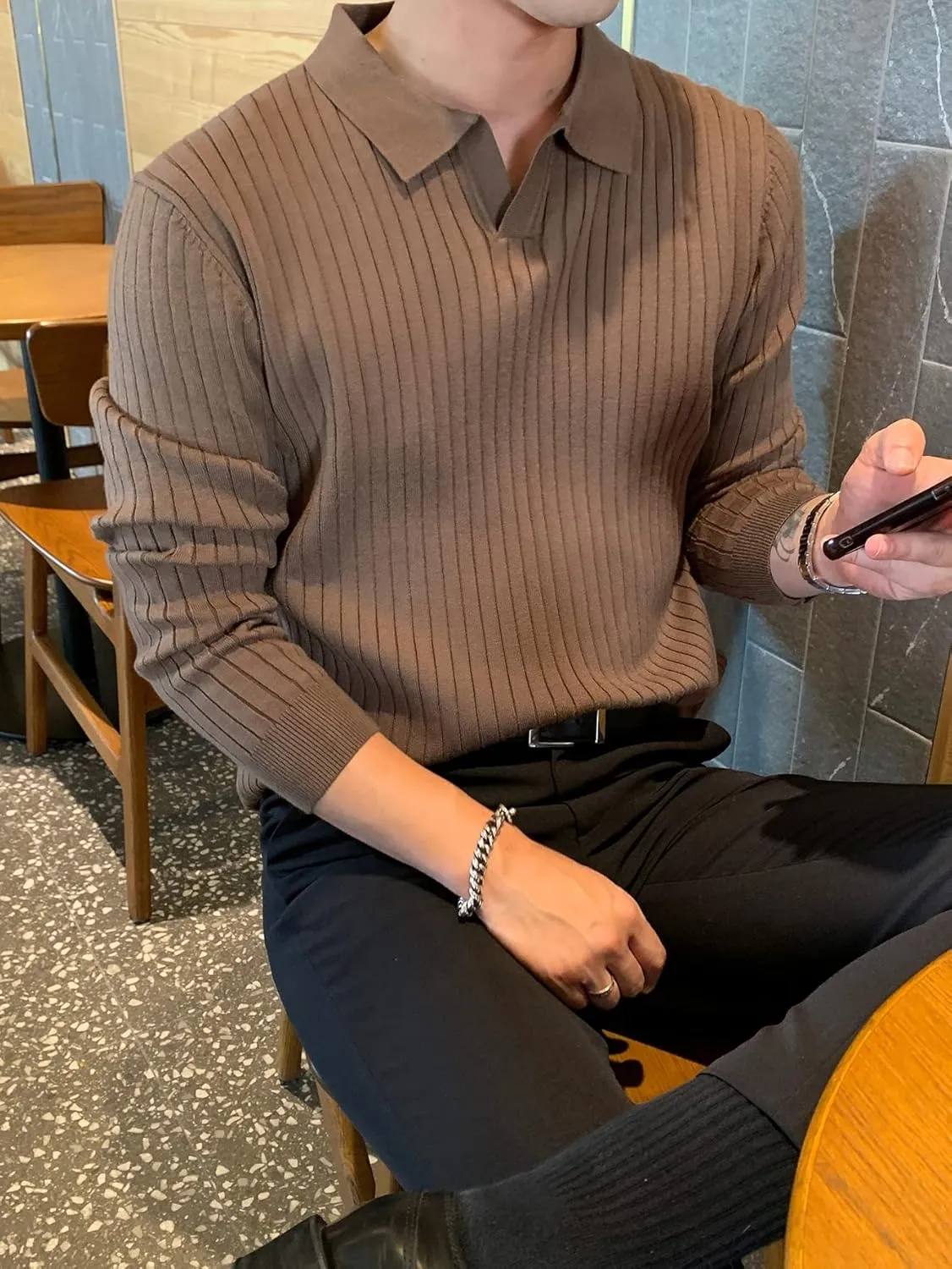 COZYEASE Men's Solid Ribbed Knit Sweater Casual Long Sleeve Shirt Pullover Tops