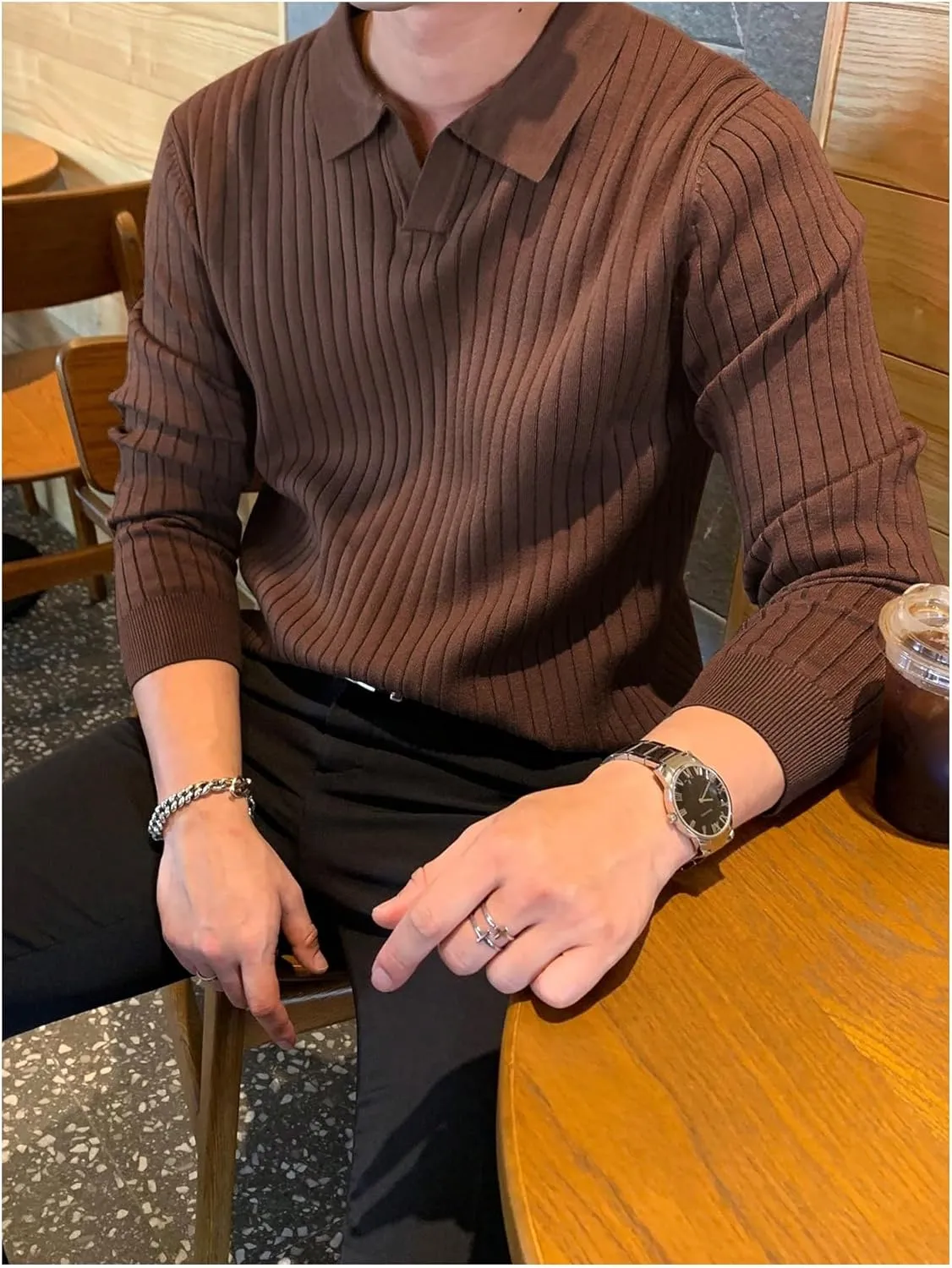 COZYEASE Men's Solid Ribbed Knit Sweater Casual Long Sleeve Shirt Pullover Tops