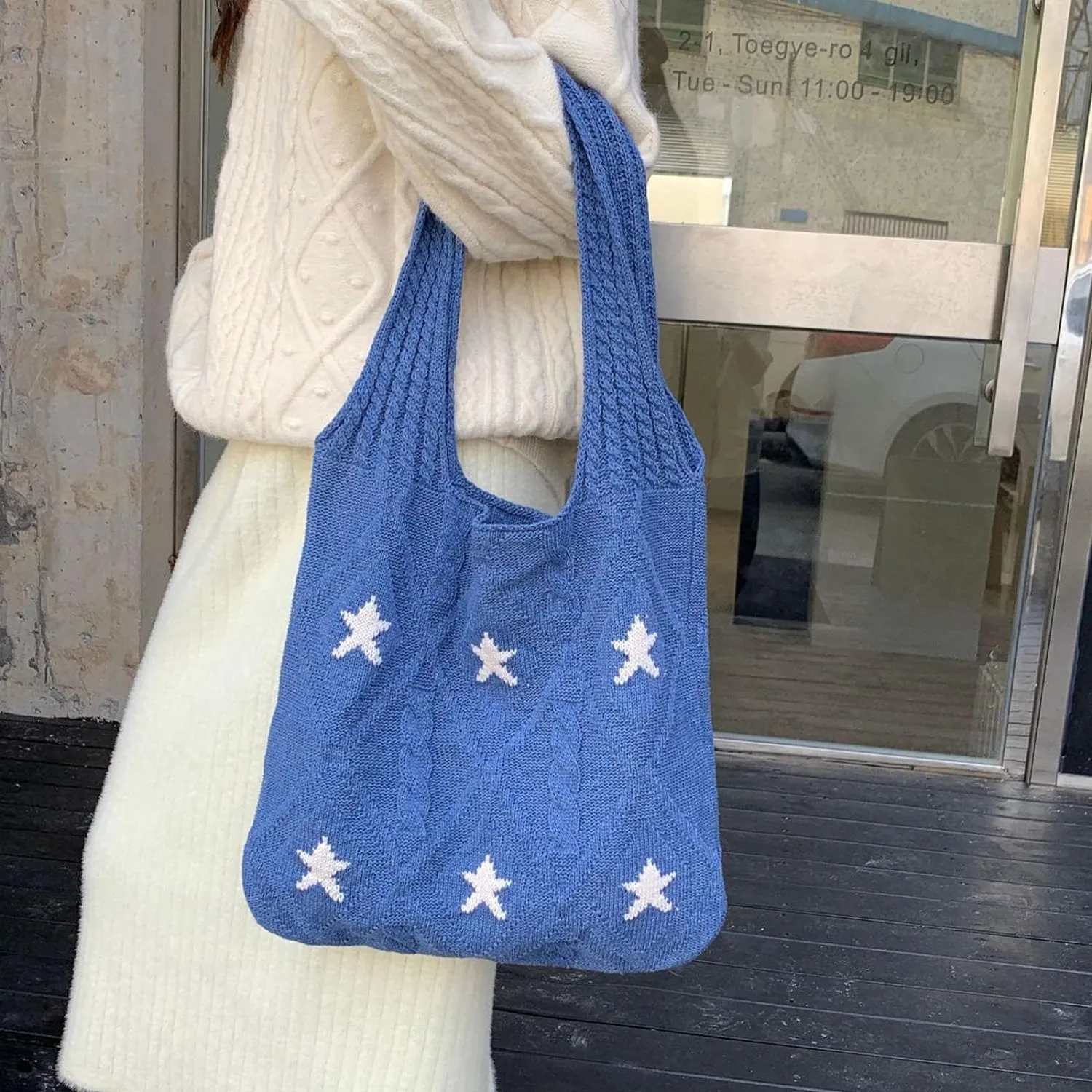 Crochet Tote Bag Y2k Aesthetic Accessories Grunge Hobo Bag Knit Star Bags Beach Purse Shoulder Handbags for Women