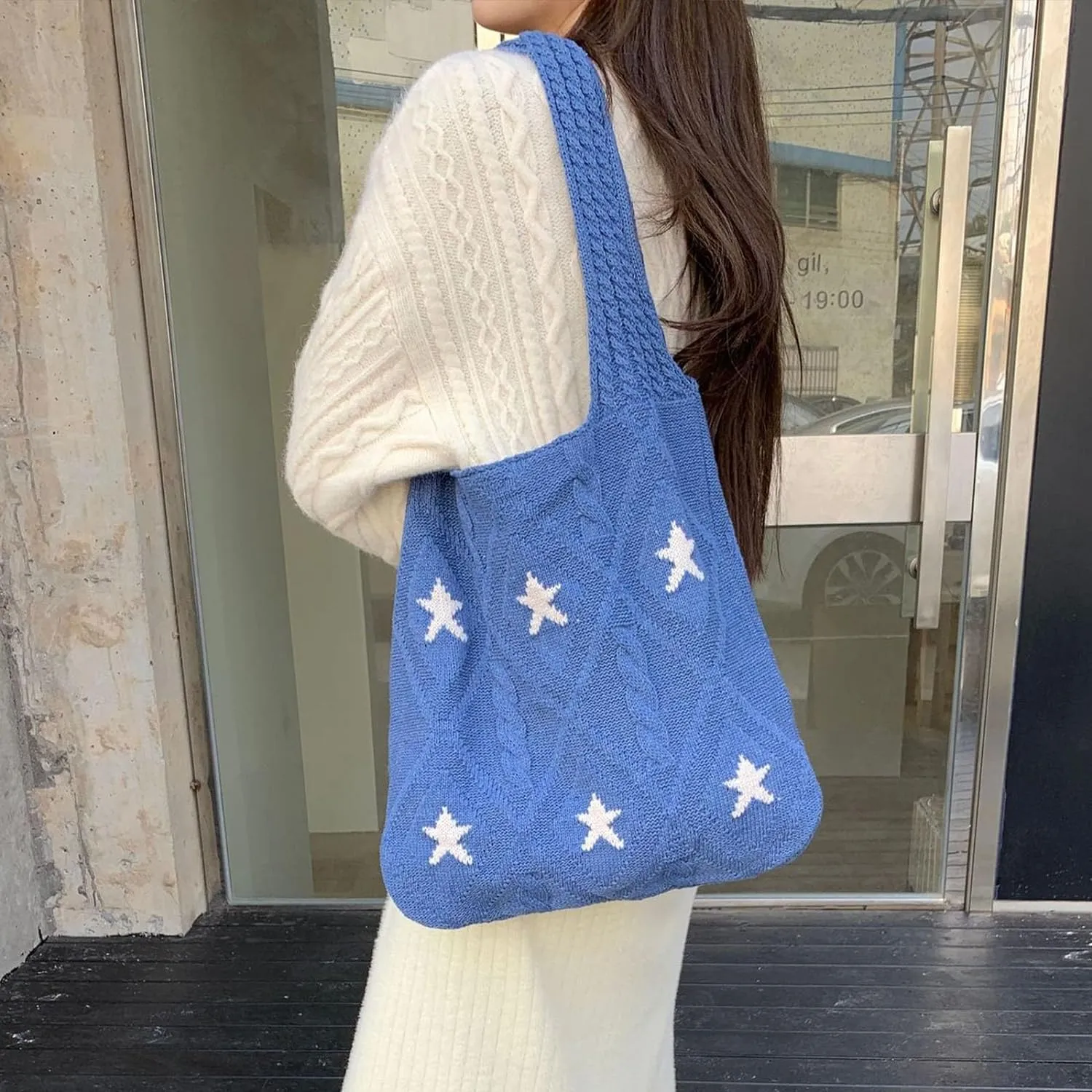 Crochet Tote Bag Y2k Aesthetic Accessories Grunge Hobo Bag Knit Star Bags Beach Purse Shoulder Handbags for Women