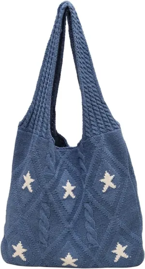 Crochet Tote Bag Y2k Aesthetic Accessories Grunge Hobo Bag Knit Star Bags Beach Purse Shoulder Handbags for Women