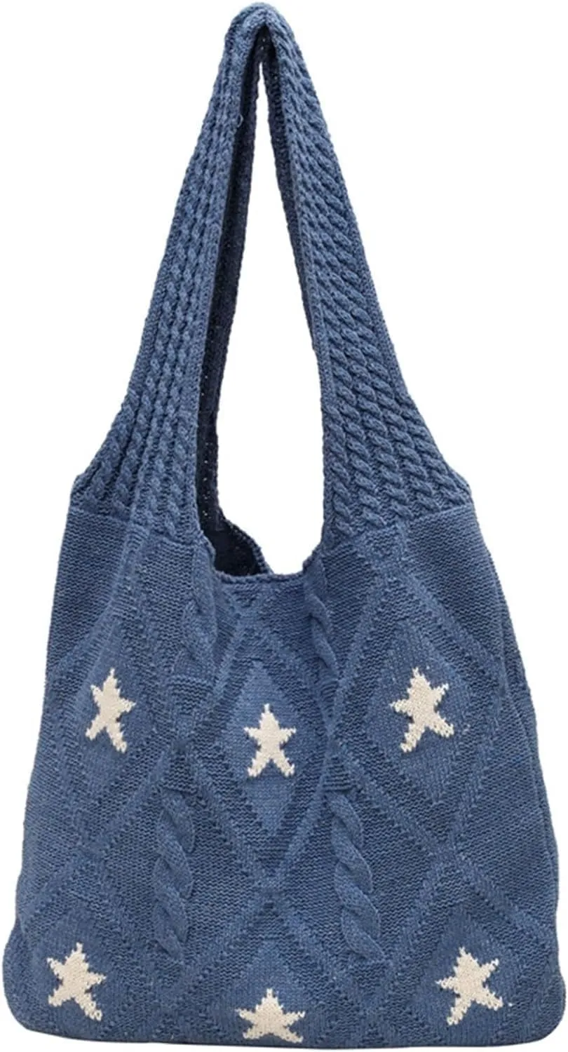 Crochet Tote Bag Y2k Aesthetic Accessories Grunge Hobo Bag Knit Star Bags Beach Purse Shoulder Handbags for Women