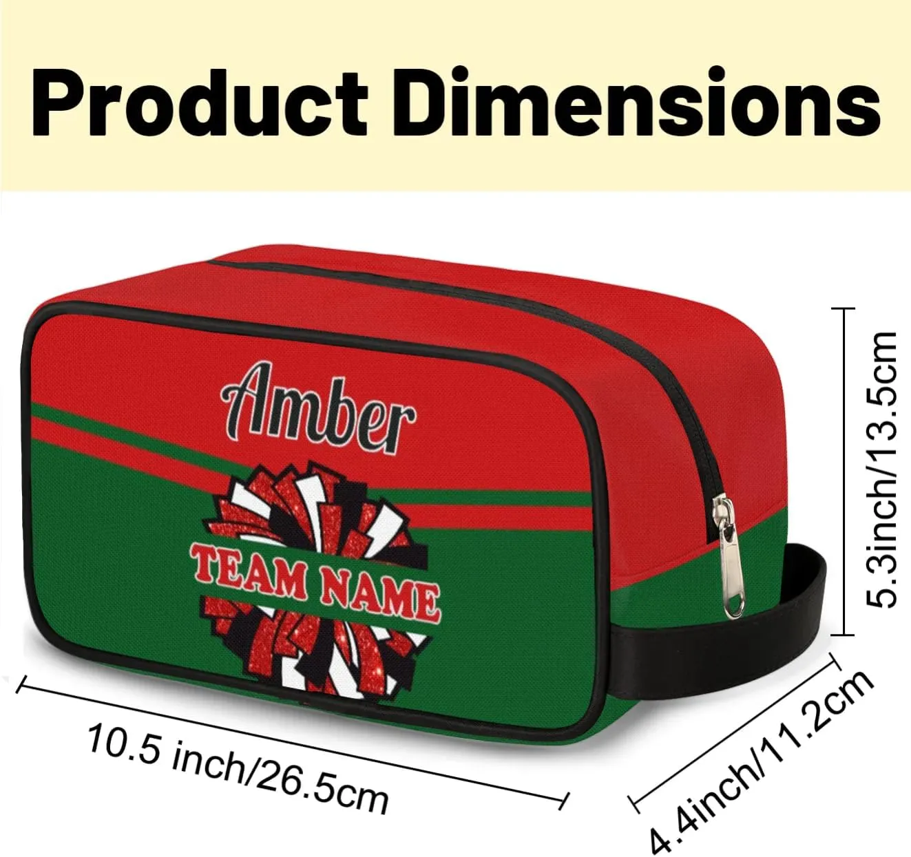 Custom Cheer Toiletry Bag, Personalized Name Makeup Bag Waterproof Toiletries Bag Travel Accessories Shaving Makeup Pouch, Red Green