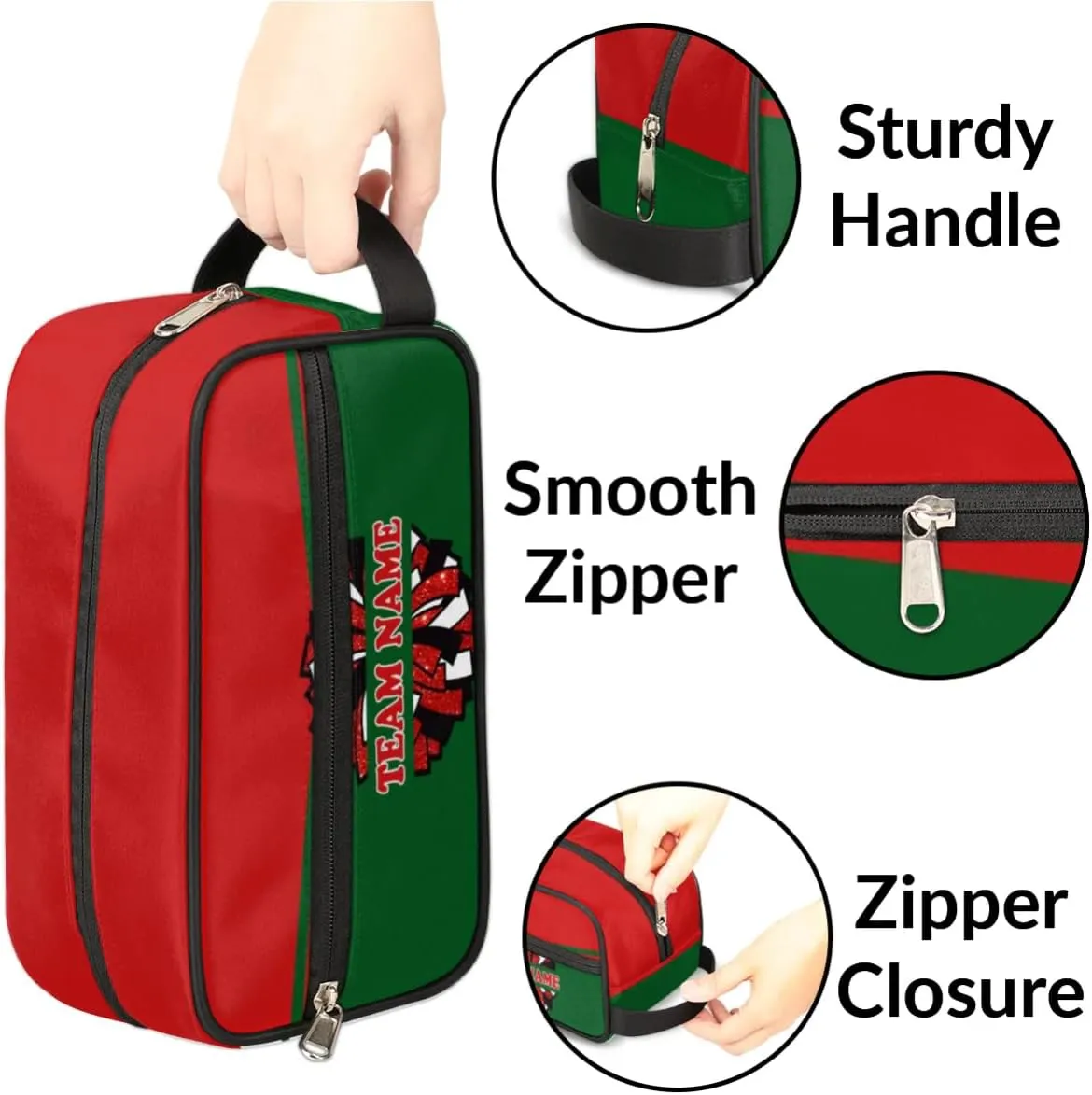 Custom Cheer Toiletry Bag, Personalized Name Makeup Bag Waterproof Toiletries Bag Travel Accessories Shaving Makeup Pouch, Red Green