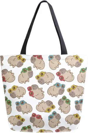 Cute Sunglasses Capybara Canvas Tote Bag for Women with Zipper Pocket Reusable Grocery Shopping Bags Large Travel Shoulder Bag Handbag Bags