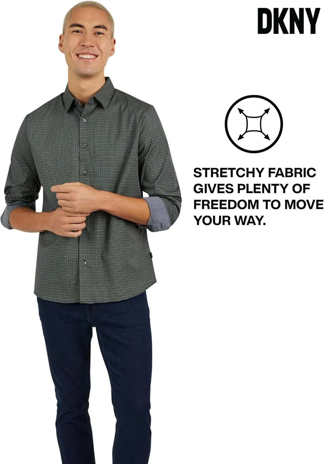 DKNY Men's Long Sleeve Button Down Shirt - Printed Mens Casual Button Up Shirts