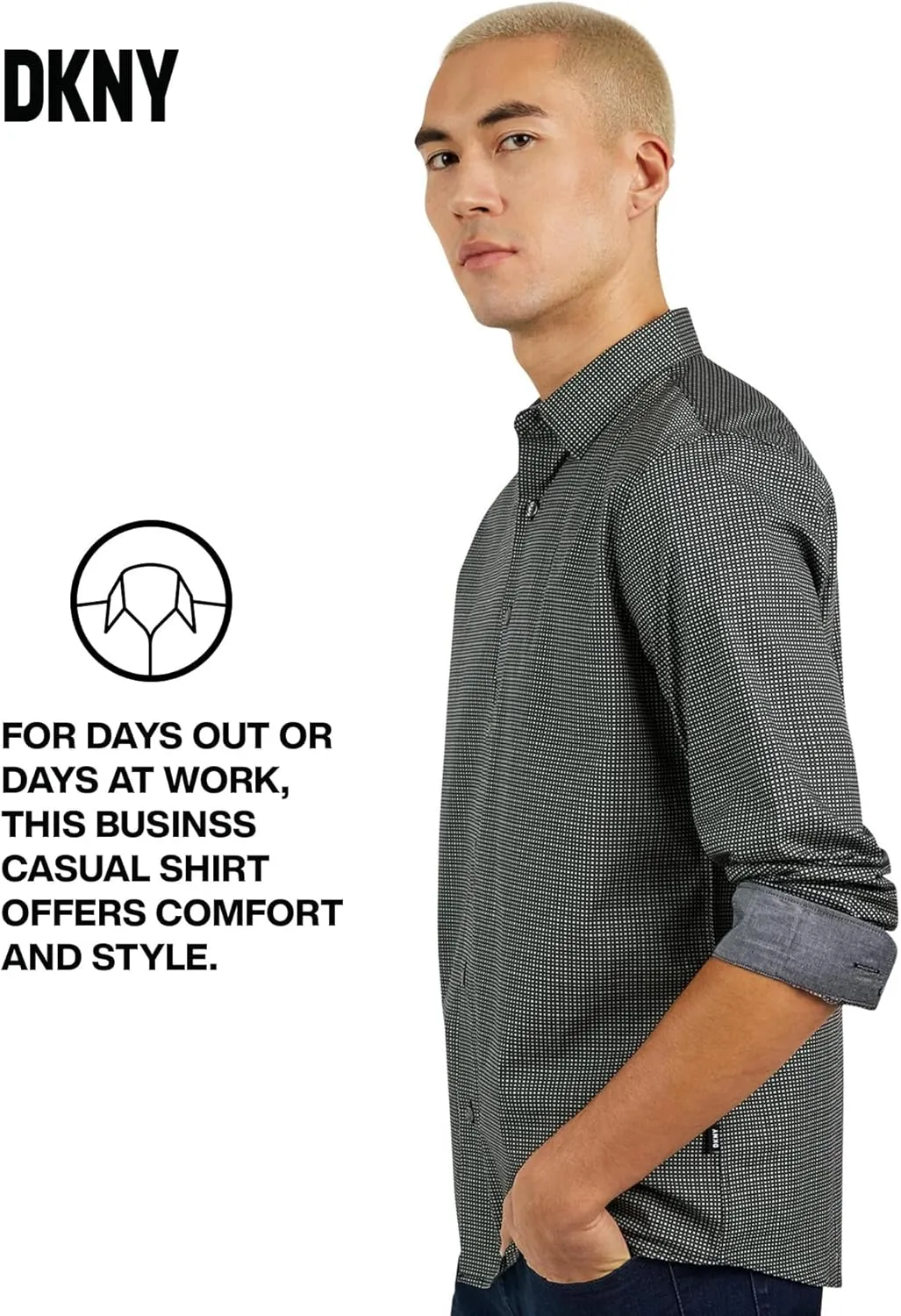 DKNY Men's Long Sleeve Button Down Shirt - Printed Mens Casual Button Up Shirts
