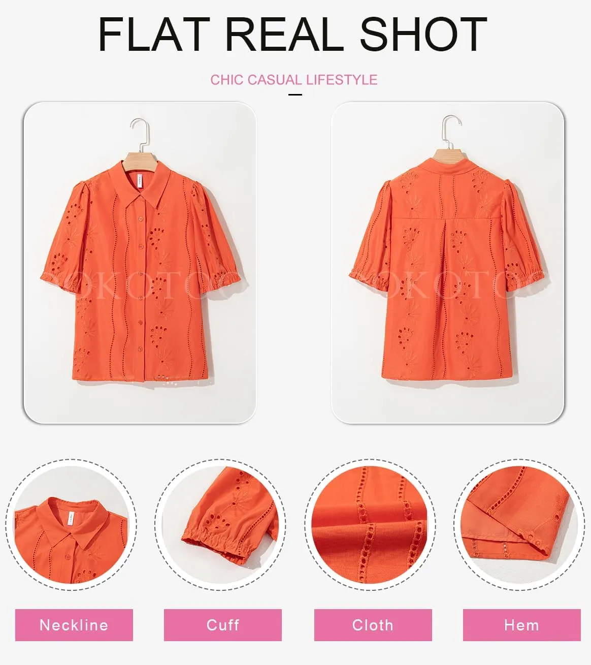 Dokotoo Women's Summer Tops Dressy Casual V Neck Short Sleeve Button Up Hollow Out Eyelet Lace Embroidered Blouses Shirts