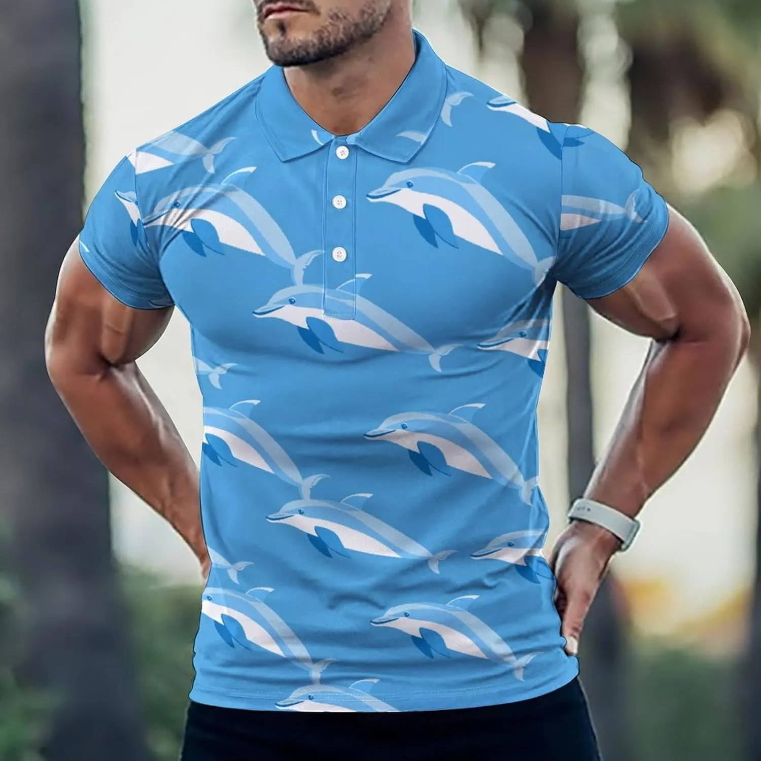 Dolphins Mens Polo Shirts Quick Dry Short Sleeve T-shirts Slim Tennis Collared Tees Tops
