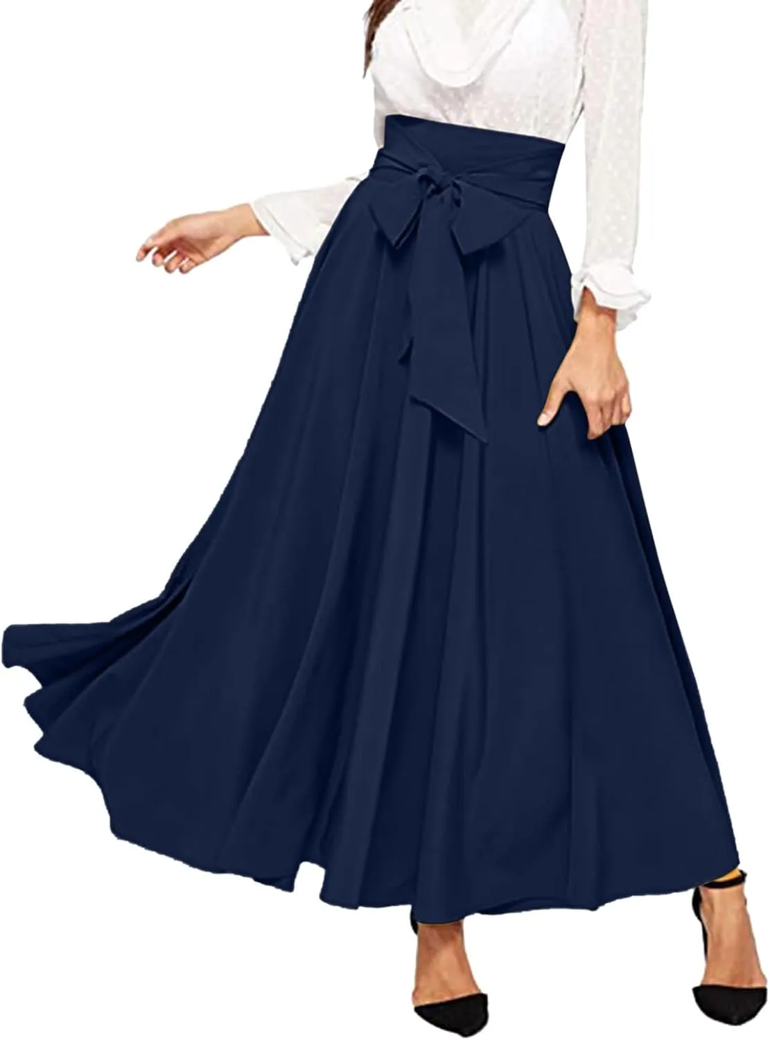 Dressy Skirts for Women Flowy Ruffle Swing High Waisted Bow Front Pleated Maxi Skirts Fall Business Work Suit Dresses