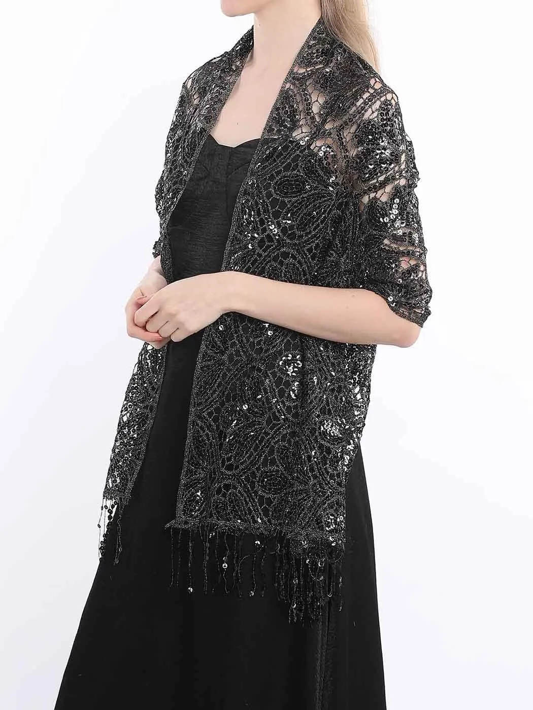 EASEDAILY Women Sequin Shawls and Wraps for Evening Dresses Sparkly Fringe Bridal Scarf