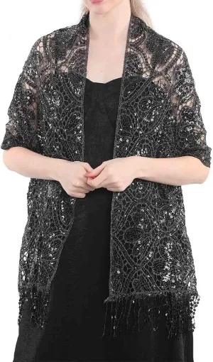 EASEDAILY Women Sequin Shawls and Wraps for Evening Dresses Sparkly Fringe Bridal Scarf