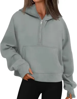 ebossy Womens Half Zip Sweatshirt Cropped Fleece Hoodies Long Sleeve Thumb Hole Oversized Pullovers with Pockets