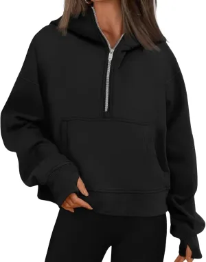 ebossy Womens Half Zip Sweatshirt Cropped Fleece Hoodies Long Sleeve Thumb Hole Oversized Pullovers with Pockets