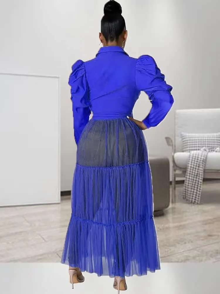 Ekaliy Womens Sexy Blouses Tunic Long Ruffle Sleeve Button Down Shirt Sheer Mesh Maxi Dress with Belt