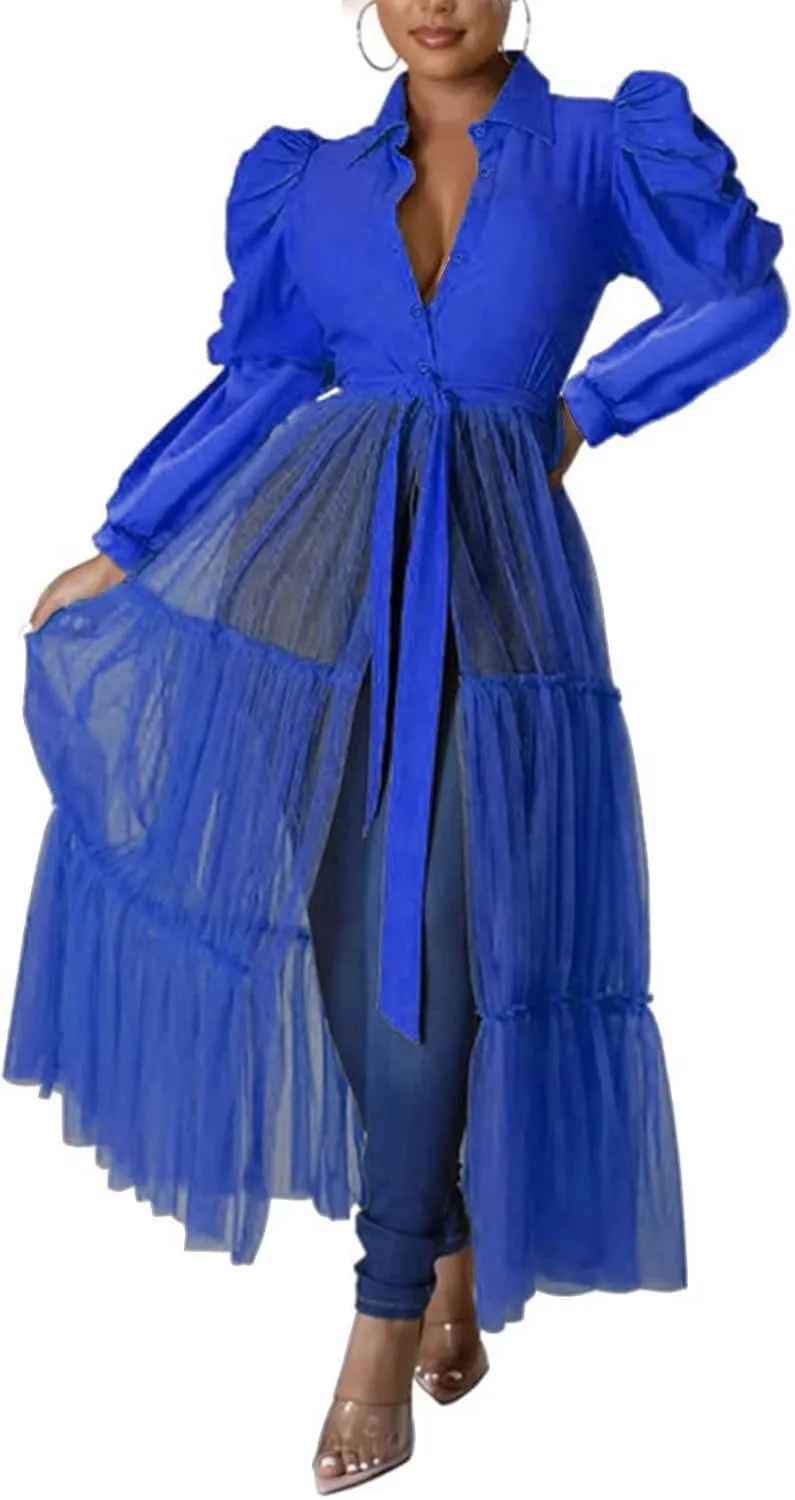 Ekaliy Womens Sexy Blouses Tunic Long Ruffle Sleeve Button Down Shirt Sheer Mesh Maxi Dress with Belt