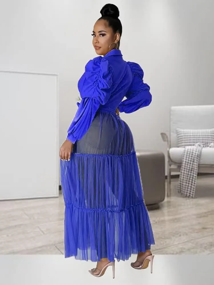 Ekaliy Womens Sexy Blouses Tunic Long Ruffle Sleeve Button Down Shirt Sheer Mesh Maxi Dress with Belt