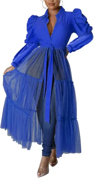 Ekaliy Womens Sexy Blouses Tunic Long Ruffle Sleeve Button Down Shirt Sheer Mesh Maxi Dress with Belt