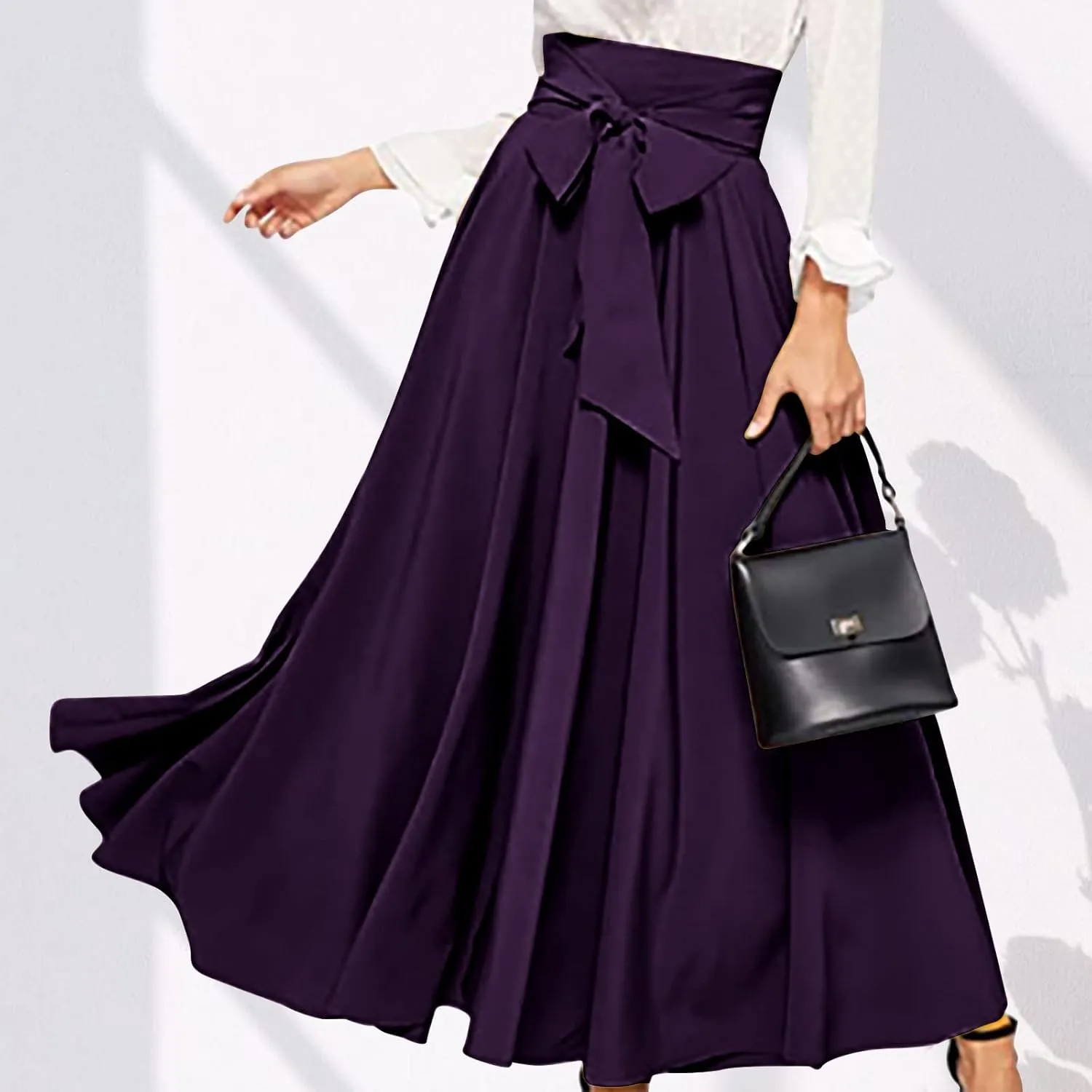 Elegant High Waisted Skirts for Women Elastic A Line Flared Skirt Stretchy Pleated Midi Skirts Ankle Length Skirt