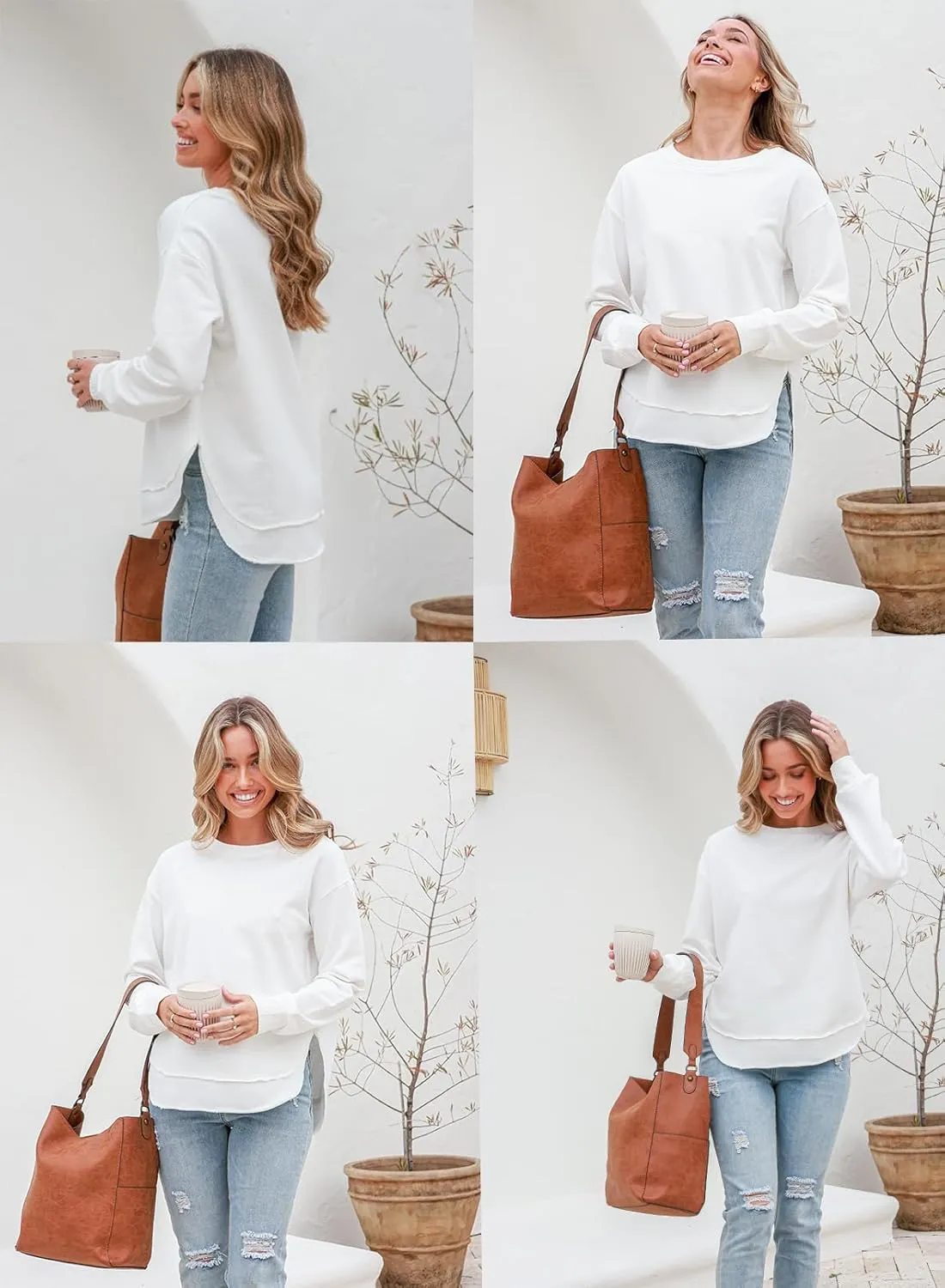 EVALESS Sweatshirt for Women Crewneck Long Sleeve Side Split Tops Casual Solid Color Loose Pullover Shirts 2025 Clothes