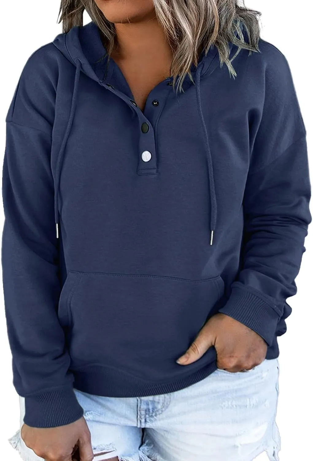 Eytino Plus Size Hooded for Women Tops Long Sleeve Button Collar Drawstring Hoodies Pullover Sweatshirts with Pockets(1X-5X)