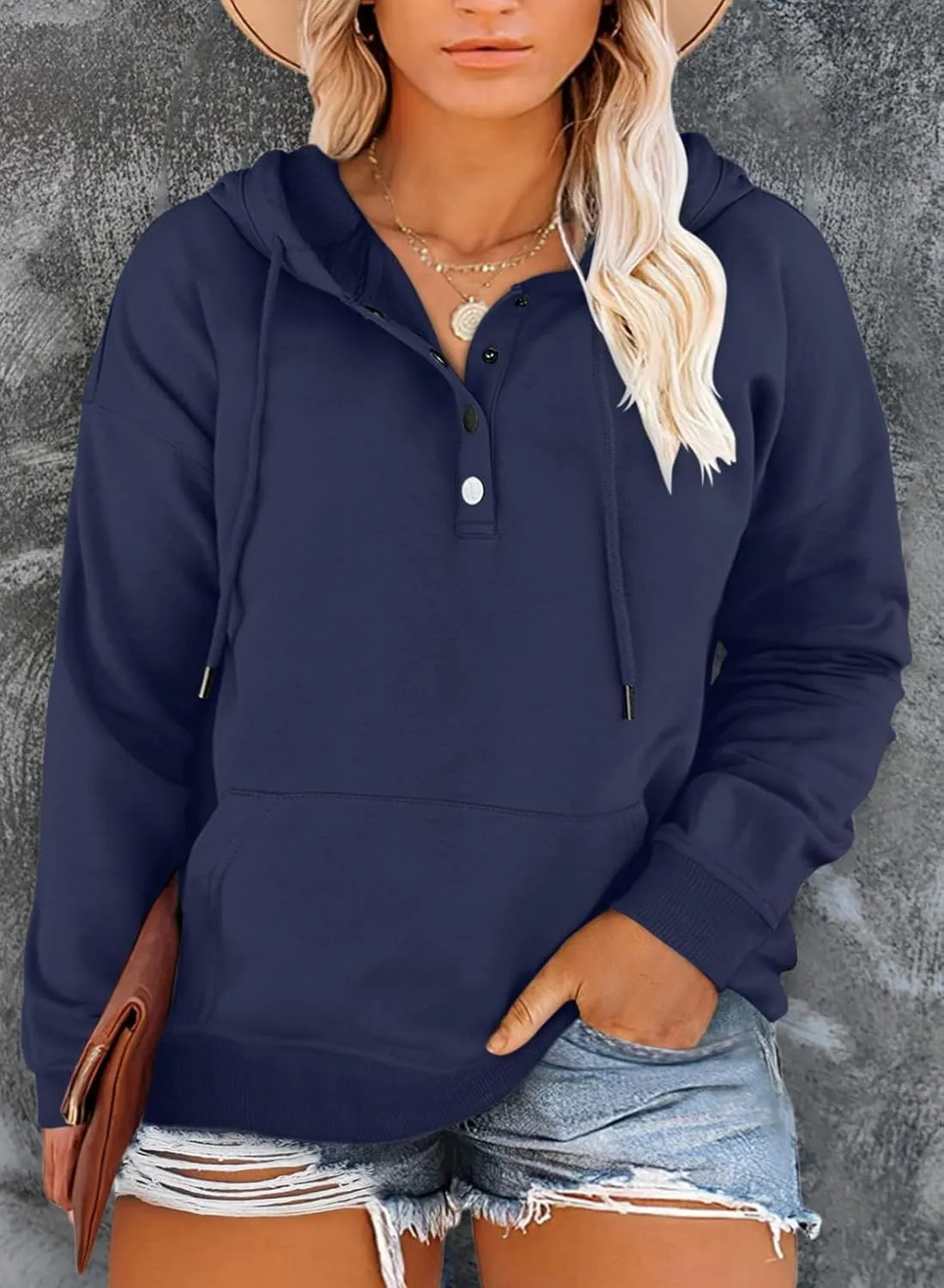 Eytino Plus Size Hooded for Women Tops Long Sleeve Button Collar Drawstring Hoodies Pullover Sweatshirts with Pockets(1X-5X)