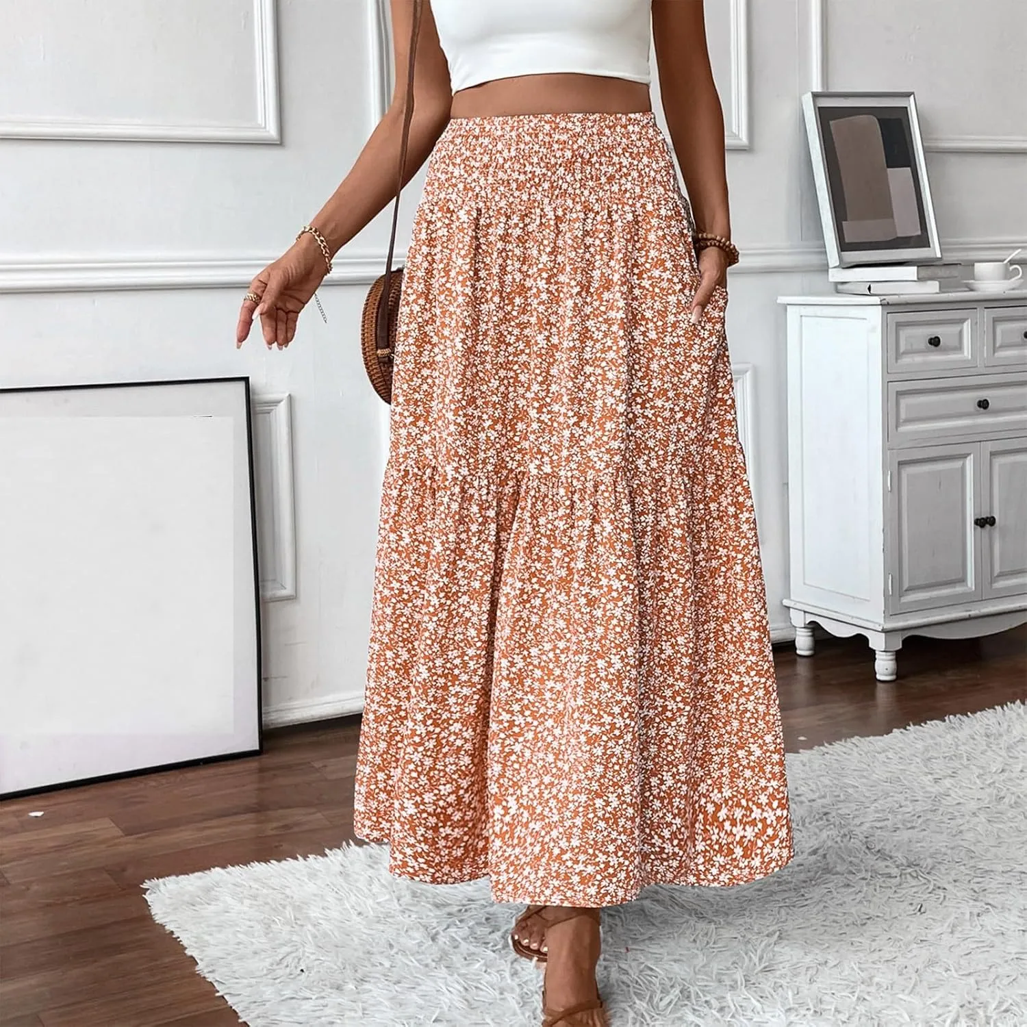 fanmpghleoo Long Skirts for Women Boho Beach Vacation Tiered Maxi Skirt Summer Bohemian High Waisted Skirts A Line Midi Skirt