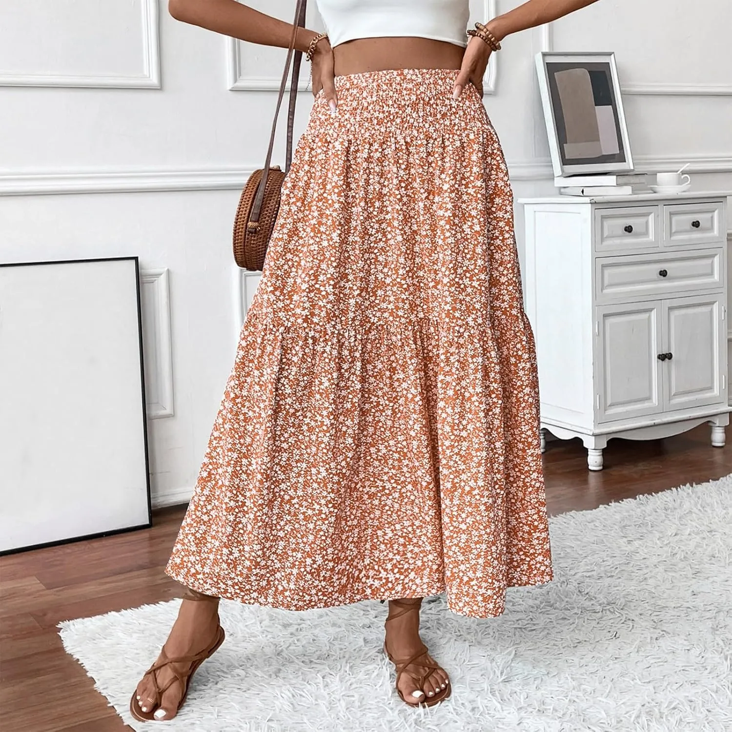 fanmpghleoo Long Skirts for Women Boho Beach Vacation Tiered Maxi Skirt Summer Bohemian High Waisted Skirts A Line Midi Skirt