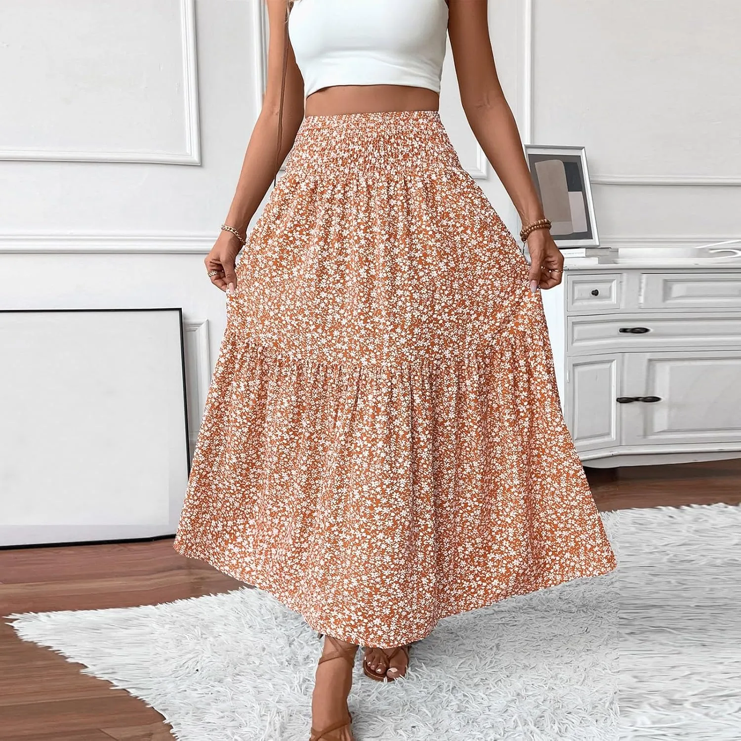 fanmpghleoo Long Skirts for Women Boho Beach Vacation Tiered Maxi Skirt Summer Bohemian High Waisted Skirts A Line Midi Skirt
