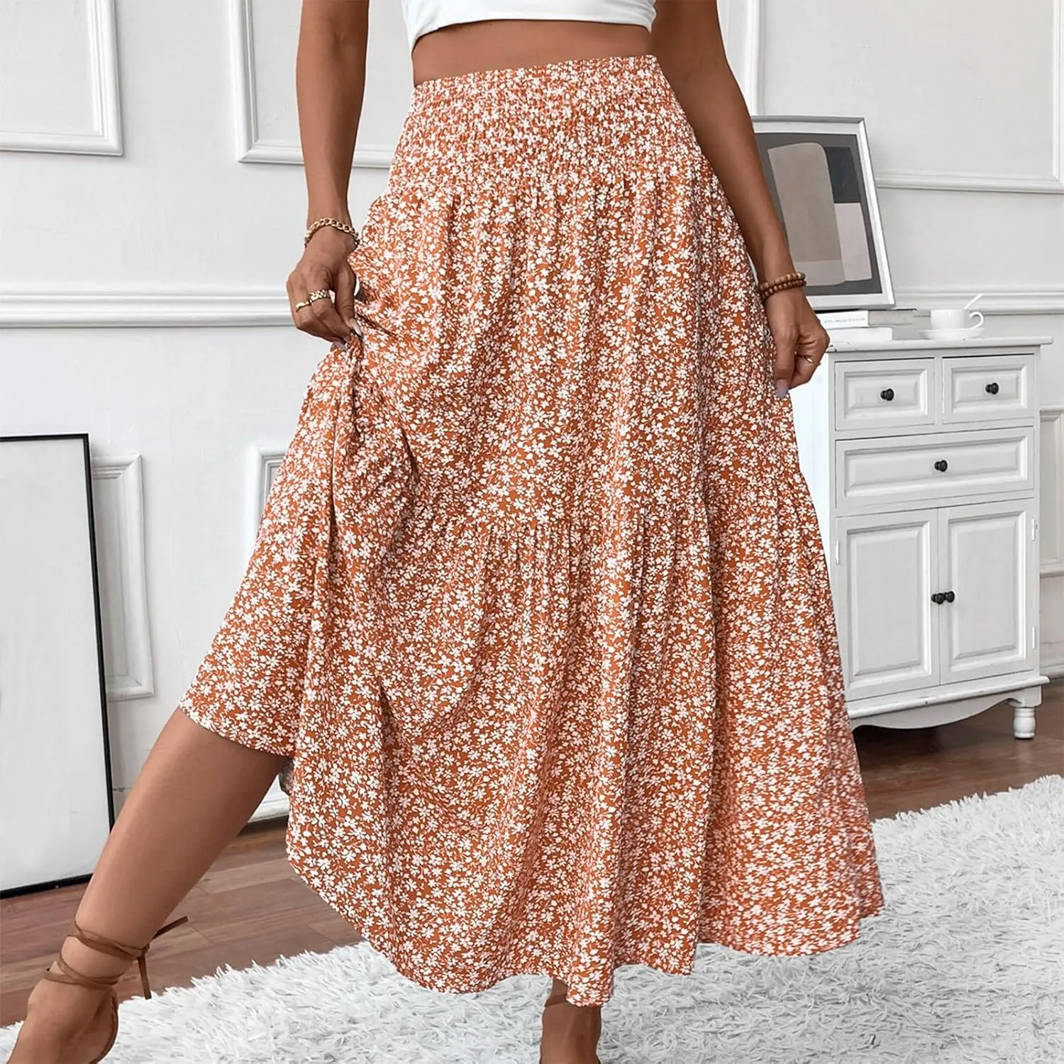 fanmpghleoo Long Skirts for Women Boho Beach Vacation Tiered Maxi Skirt Summer Bohemian High Waisted Skirts A Line Midi Skirt