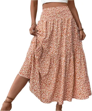 fanmpghleoo Long Skirts for Women Boho Beach Vacation Tiered Maxi Skirt Summer Bohemian High Waisted Skirts A Line Midi Skirt