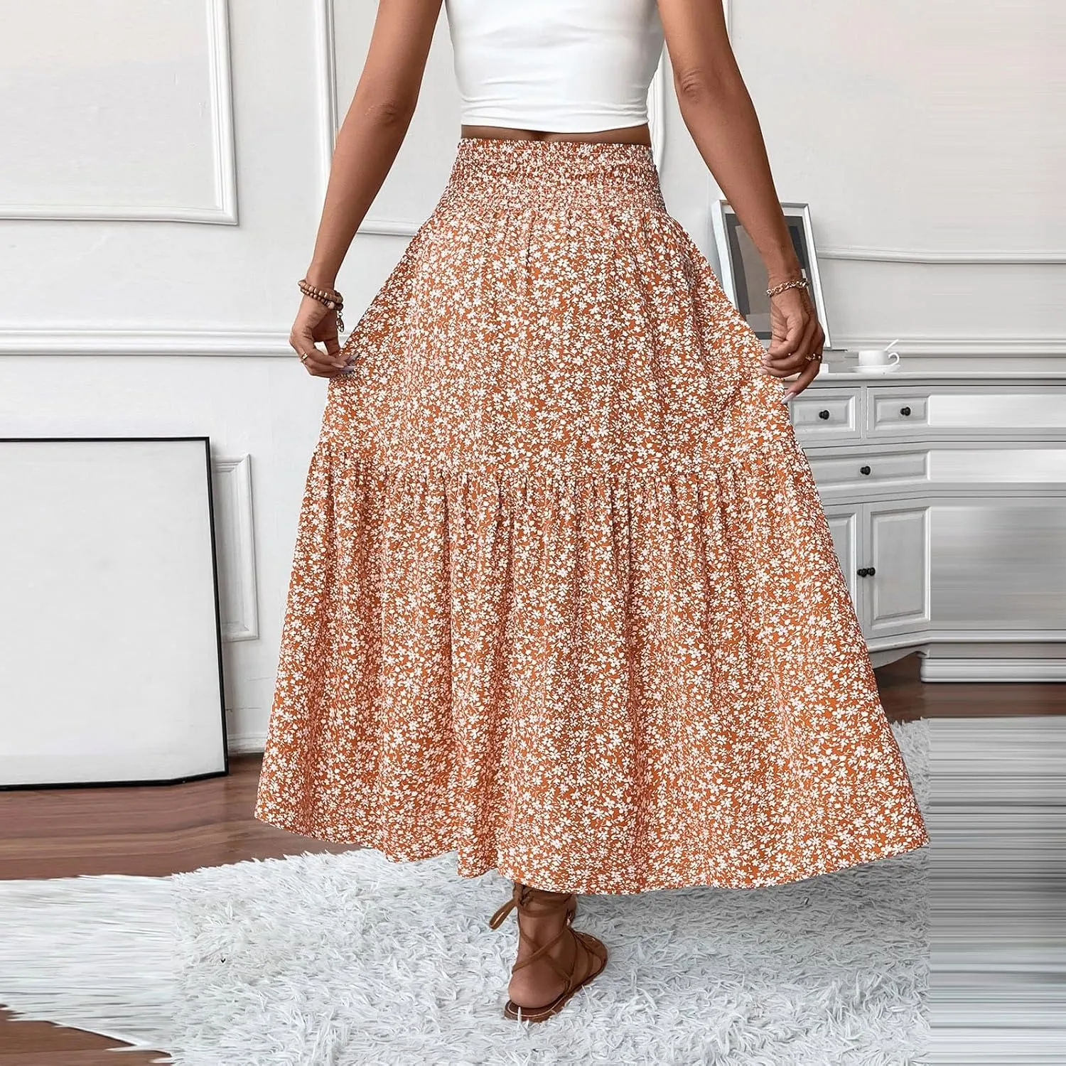 fanmpghleoo Long Skirts for Women Boho Beach Vacation Tiered Maxi Skirt Summer Bohemian High Waisted Skirts A Line Midi Skirt