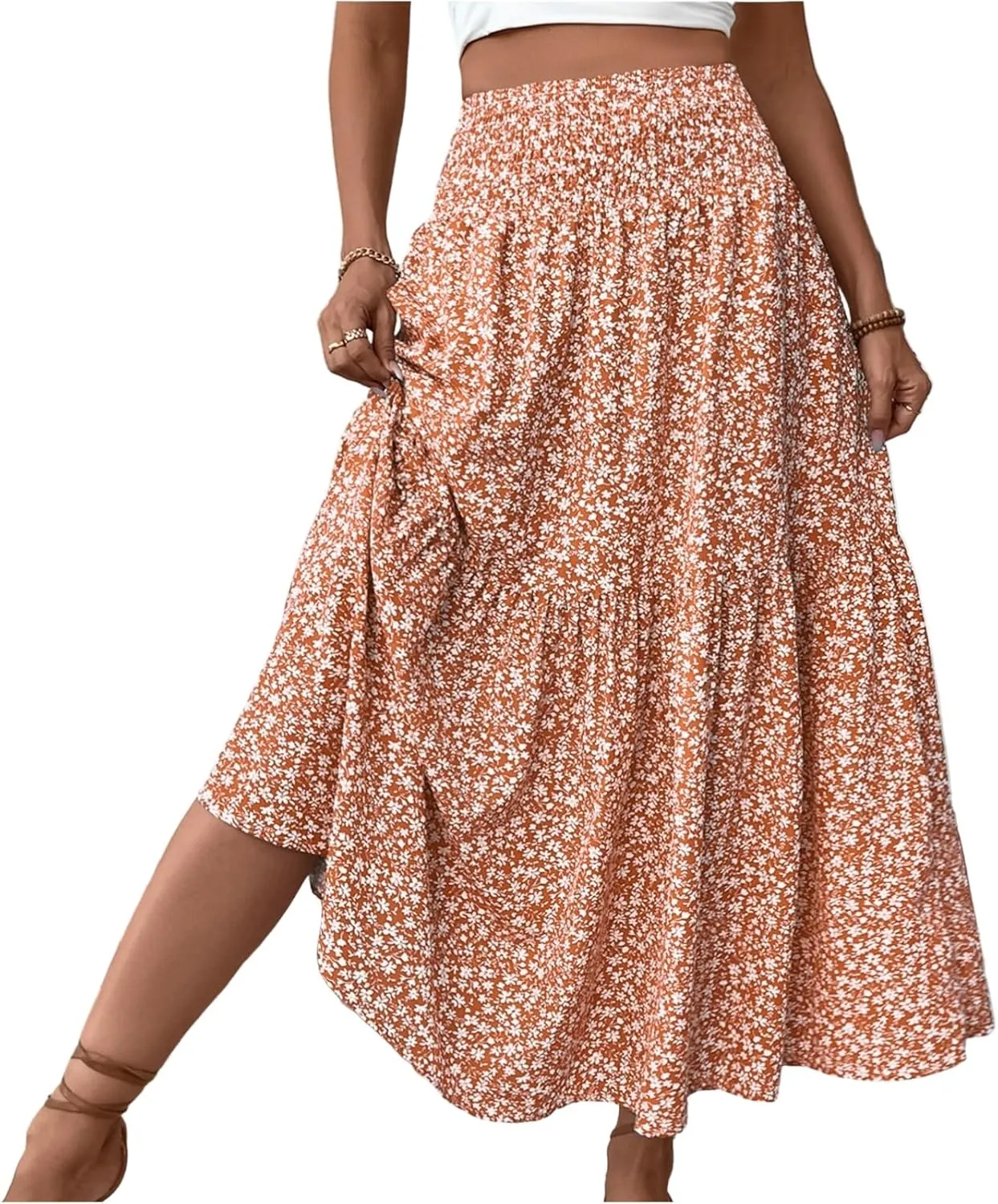 fanmpghleoo Long Skirts for Women Boho Beach Vacation Tiered Maxi Skirt Summer Bohemian High Waisted Skirts A Line Midi Skirt