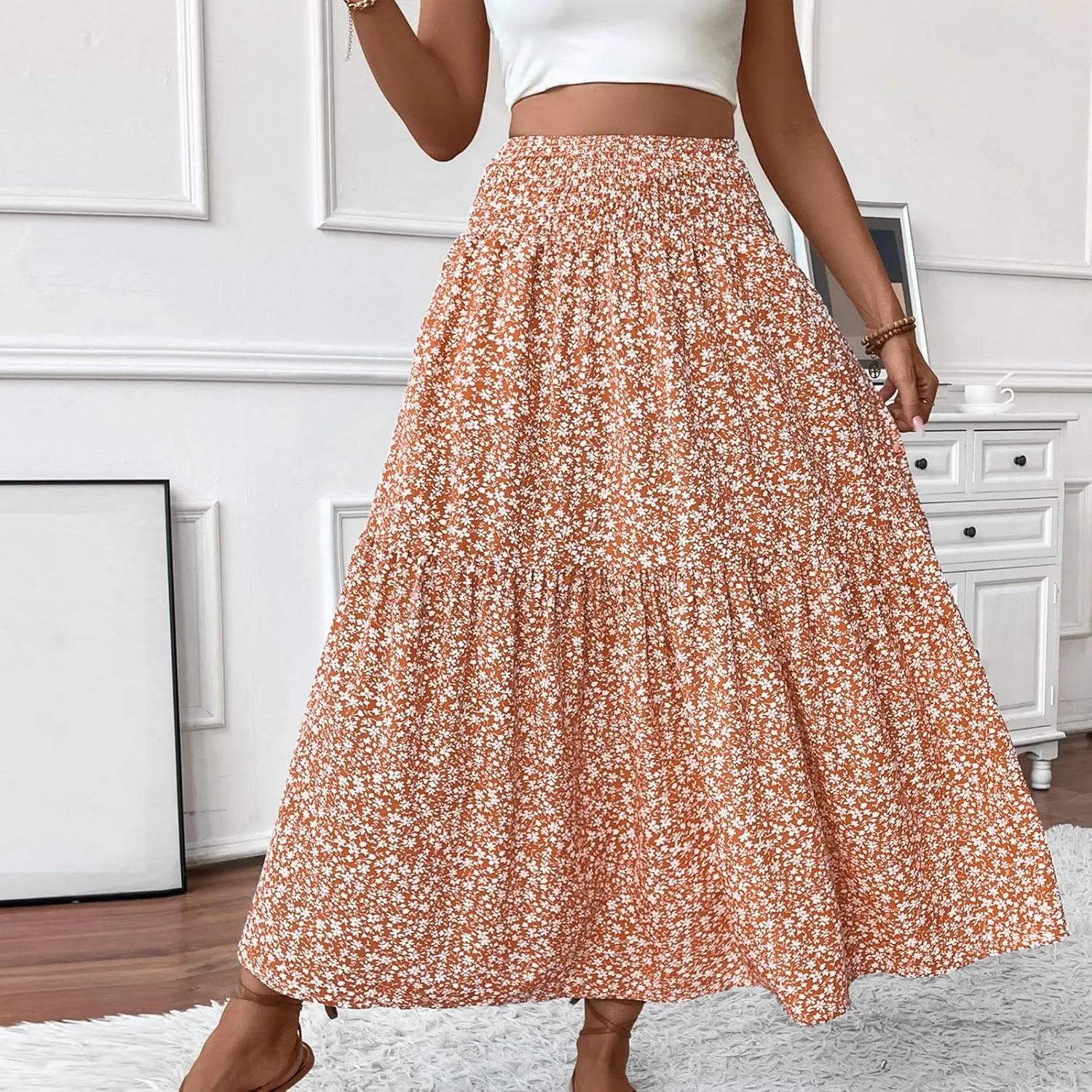 fanmpghleoo Long Skirts for Women Boho Beach Vacation Tiered Maxi Skirt Summer Bohemian High Waisted Skirts A Line Midi Skirt
