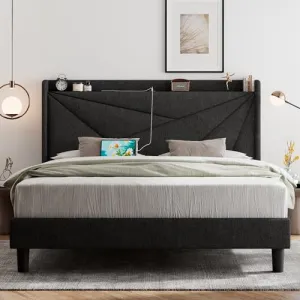 Feonase Full Size Bed Frame with Type-C & USB Ports, Upholstered Platform Bed Frame with Wingback Storage Headboard, Solid Wood Slats Support, No Box Spring Needed, Noise-Free, Charcoal Gray