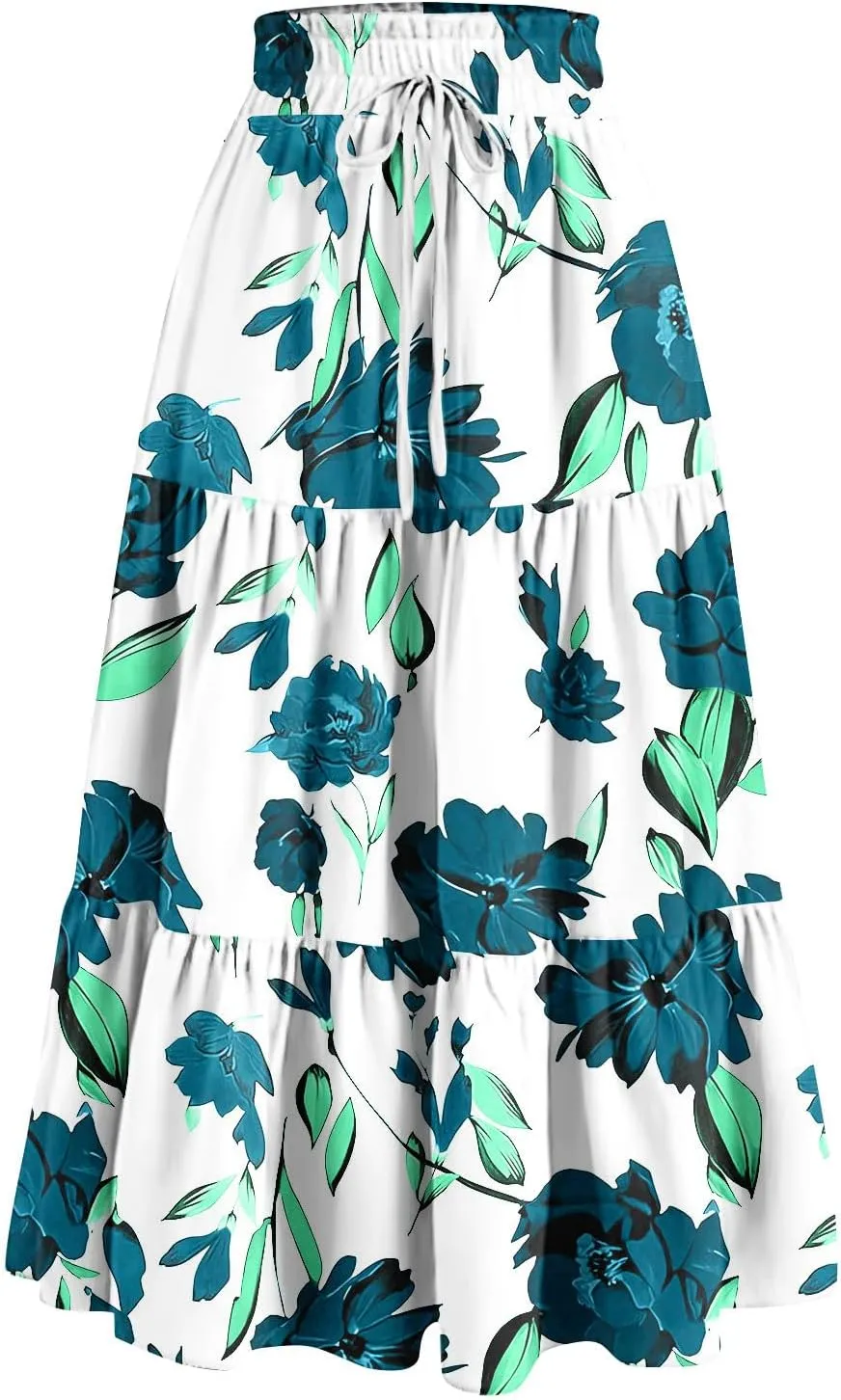 FlekmanArt Maxi Skirts for Women Trendy Summer A Line Long Skirt Drawstring High Waisted Tiered Flowy Pleated Skirt
